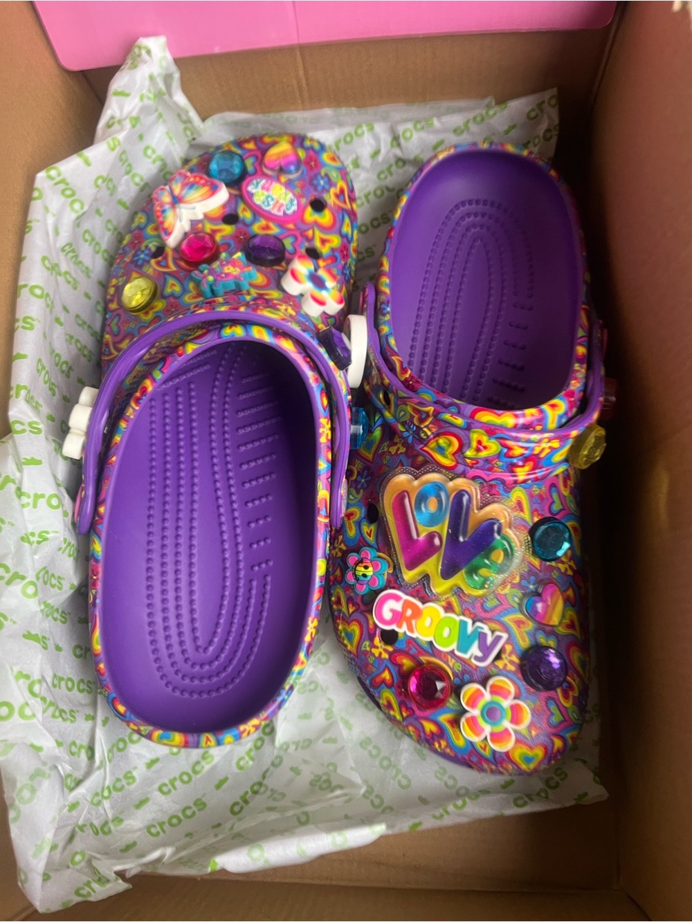 Crocs Lisa Frank! Groovy Purple Classic Clog - Colorful Heart Print